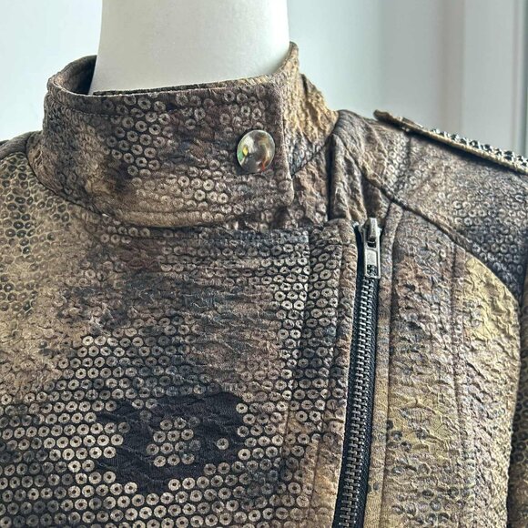 Simon Chang Bronze Textured Moto Jacket with Stones & Embellishments - US 12 - Picture 5 of 10